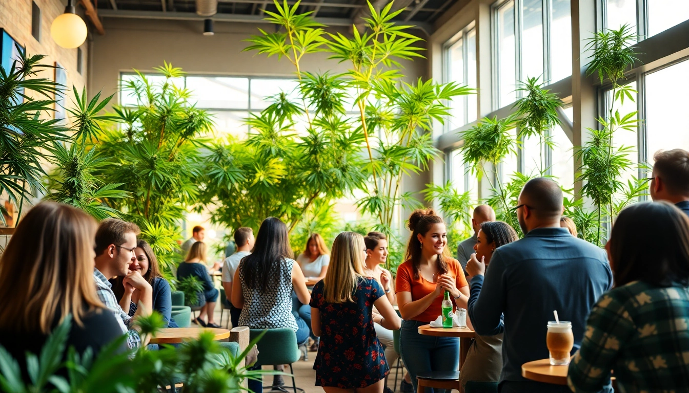 Cannabis social club members engaging in vibrant community activities, showcasing social connection.