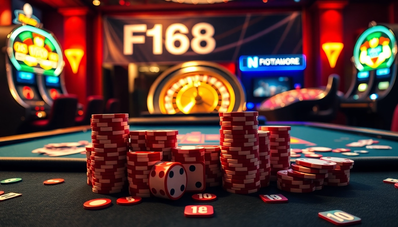Engaging view of F168 casino gaming area featuring poker chips and roulette wheel for thrilling experiences.