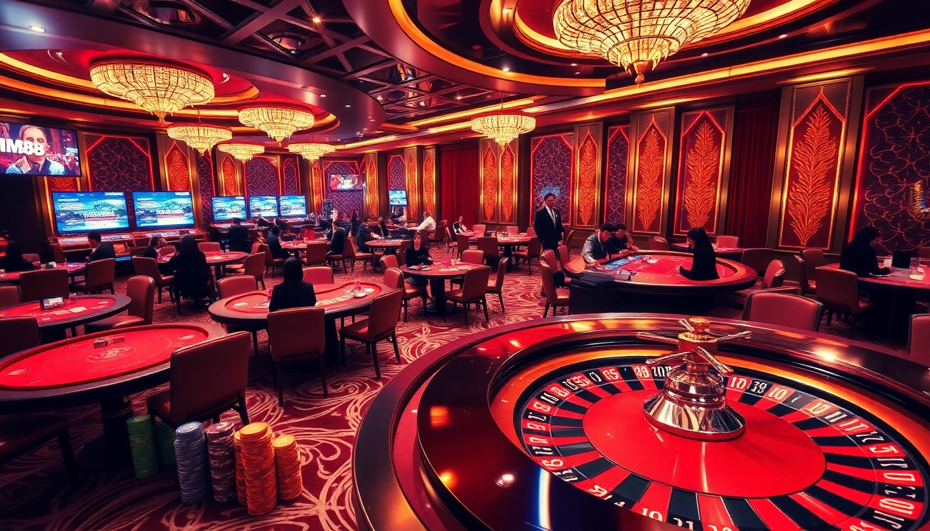 Players enjoy thrilling games at MM88 Casino, featuring poker tables and roulette wheels.