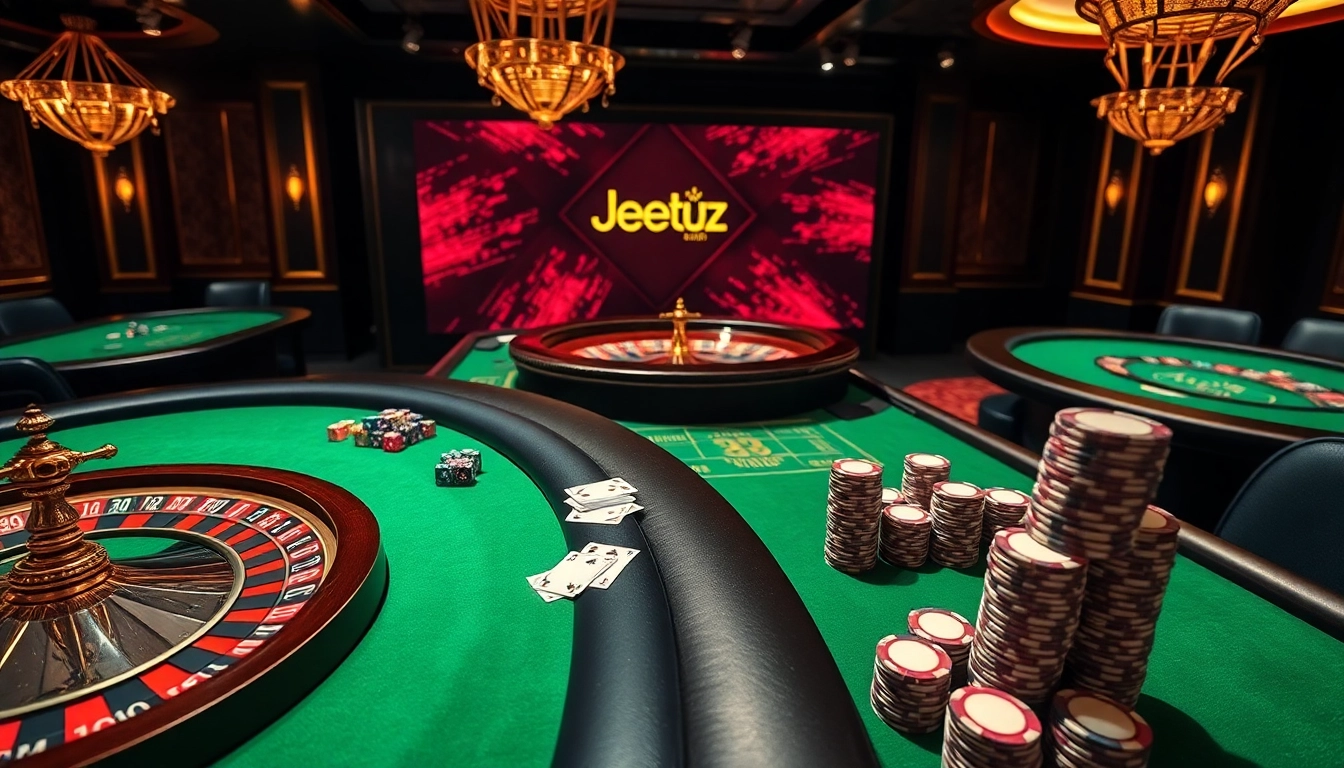 Experience top-tier gambling with Jeetbuzz showcasing poker chips and vibrant casino tables.