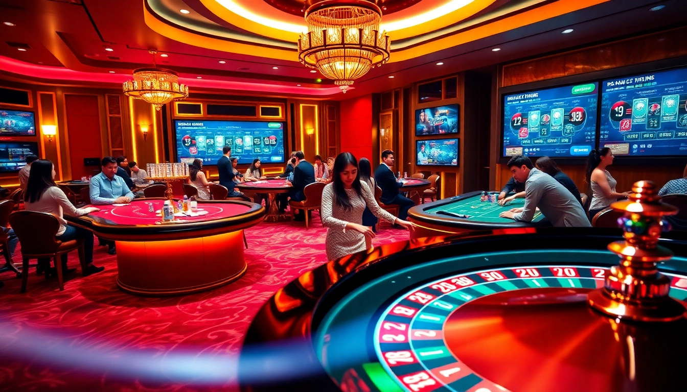 Exciting casino scene with Nhà Cái THABET highlighting players enjoying various games.