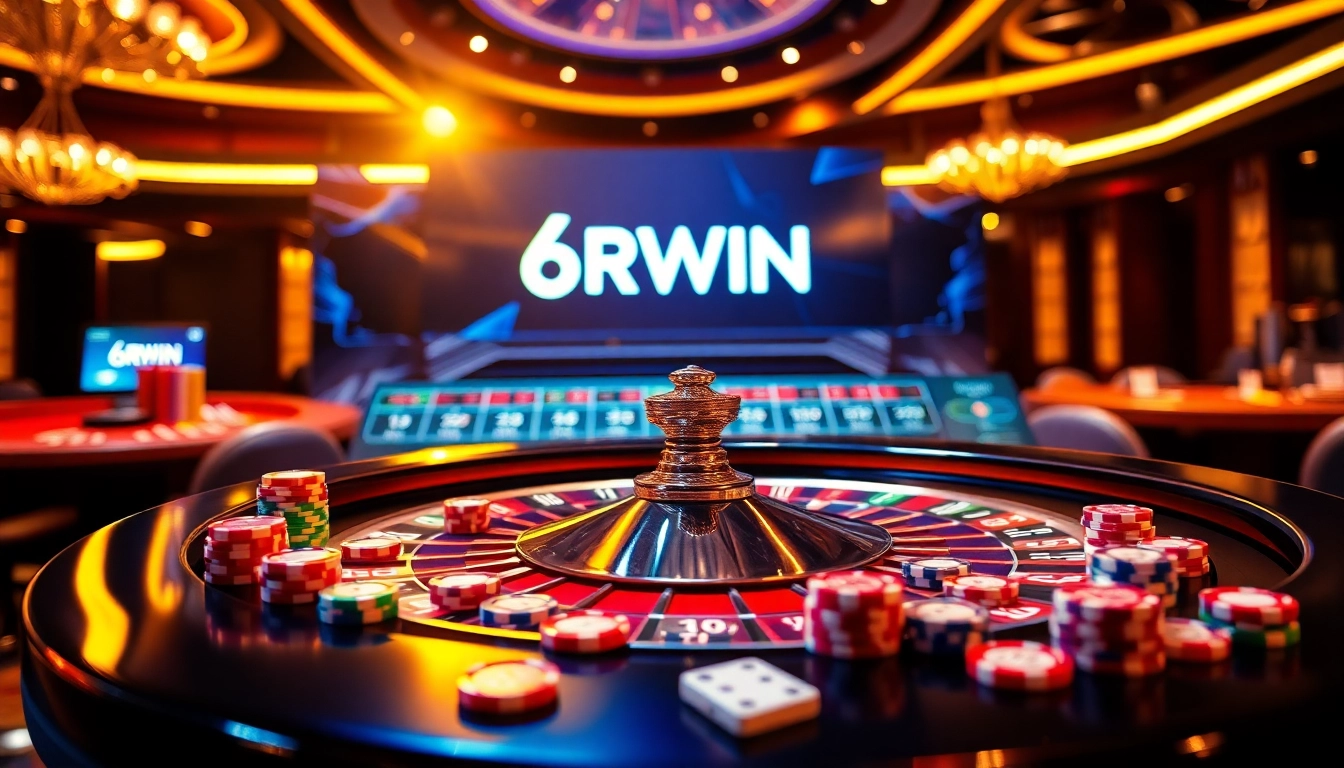 Experience thrilling moments at 6RWIN's luxury casino with vibrant roulette and gaming elements.
