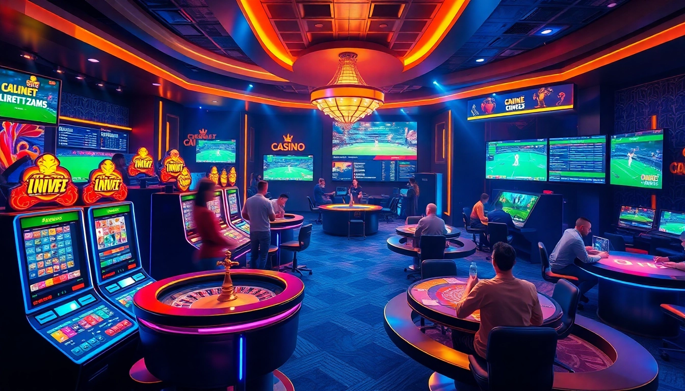 Players enjoying a thrilling gaming experience at Jeetbuzz online casino, featuring vibrant slot machines and cricket betting visuals.