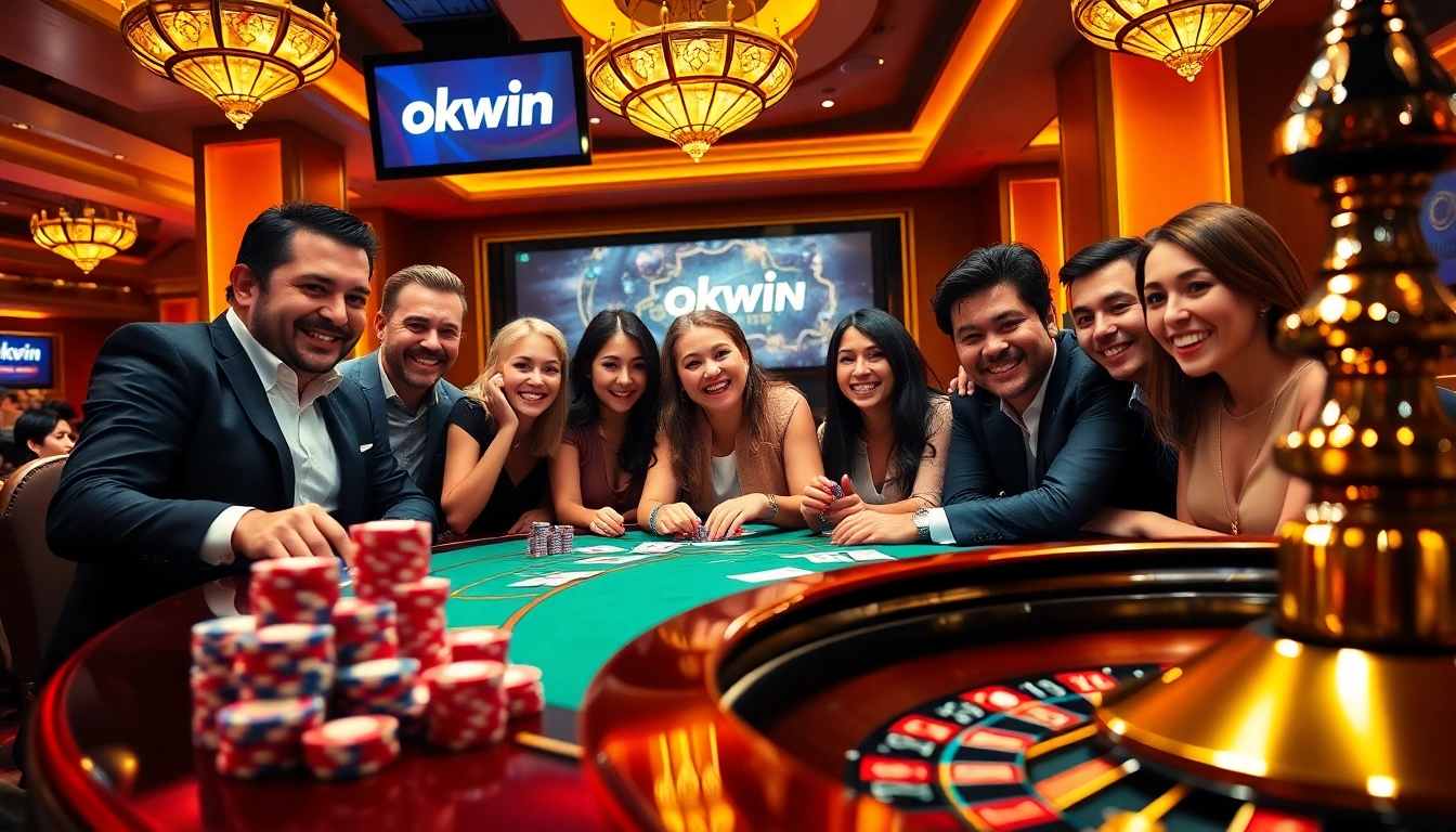 Experience the thrill of Okwin gaming at a luxurious casino table surrounded by excited players.