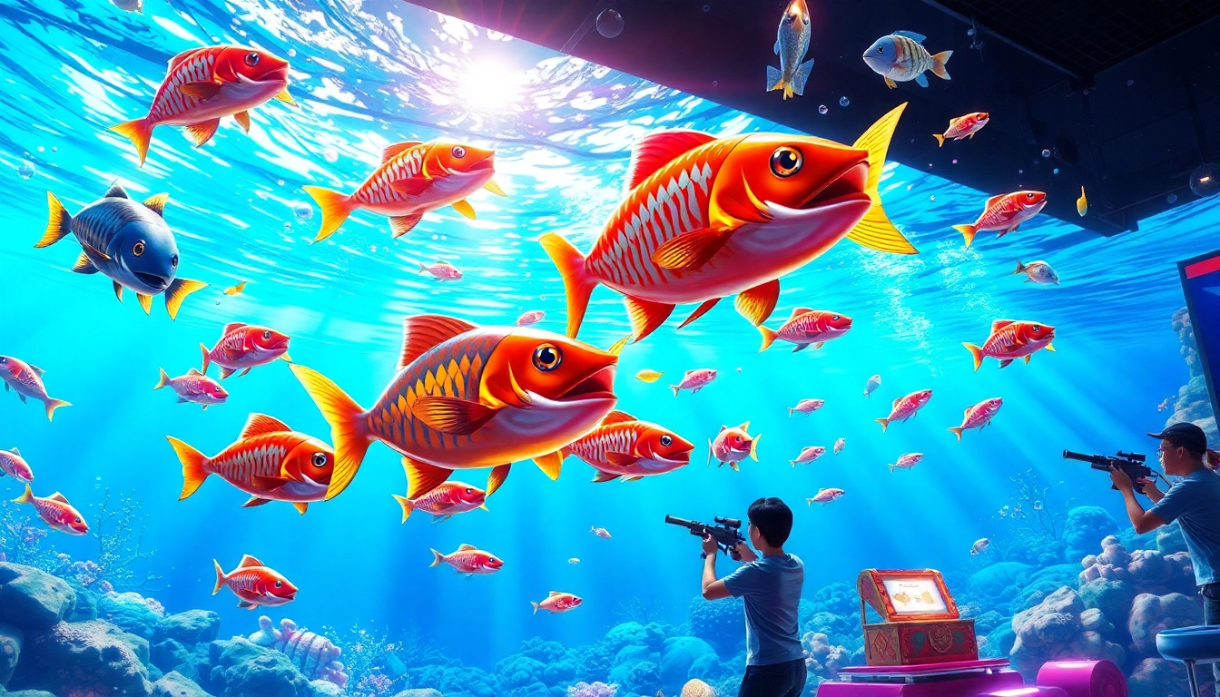 Engage in the thrilling bắn cá đổi thưởng experience, shooting colorful fish in a vibrant underwater gaming scene.