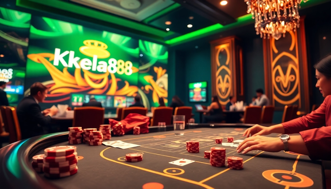 Khela88 players engaged in an exciting casino game, showcasing colorful chips and cards.