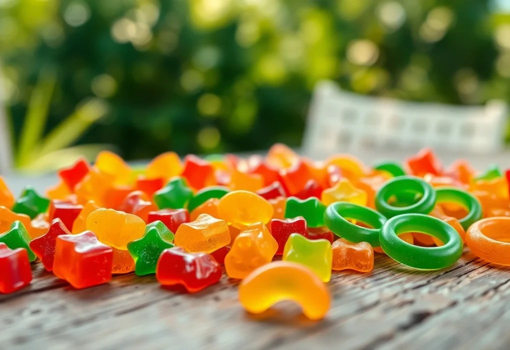 Colorful Weed Gummies displayed on a wooden table with a natural outdoor backdrop.