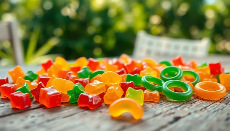 Colorful Weed Gummies displayed on a wooden table with a natural outdoor backdrop.