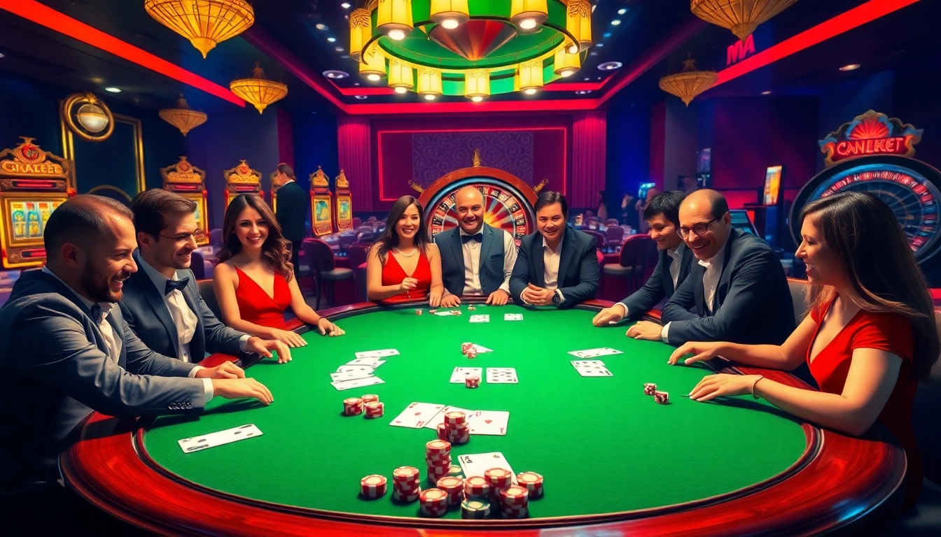 Thabet casino scene with players engaged in a lively poker game, showcasing excitement and luxury.