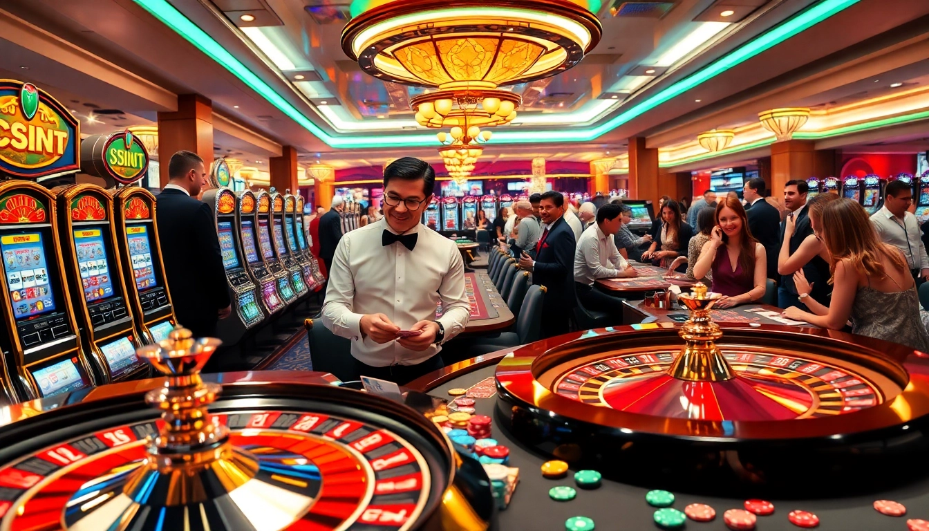 Engaging casino action scene with 79king2.sa.com theme, featuring dealers, slot machines, and vibrant gameplay.