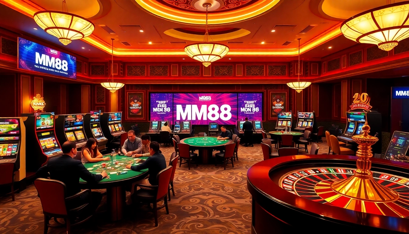 Excited gamblers enjoying a thrilling session at MM88 casino, showcasing poker tables and slot machines.