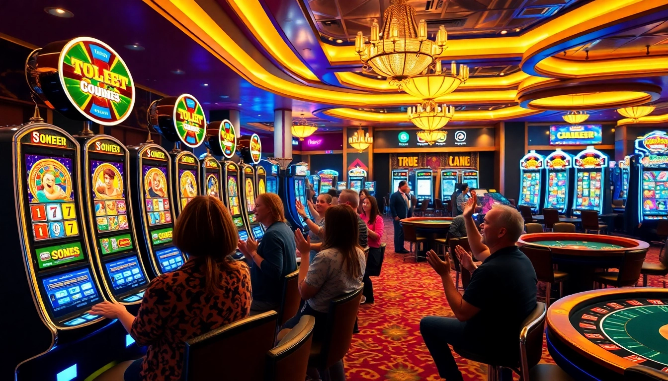 Players celebrating wins at colorful slot machines at https://www.slots899.com/ casino, showcasing excitement and luxury.