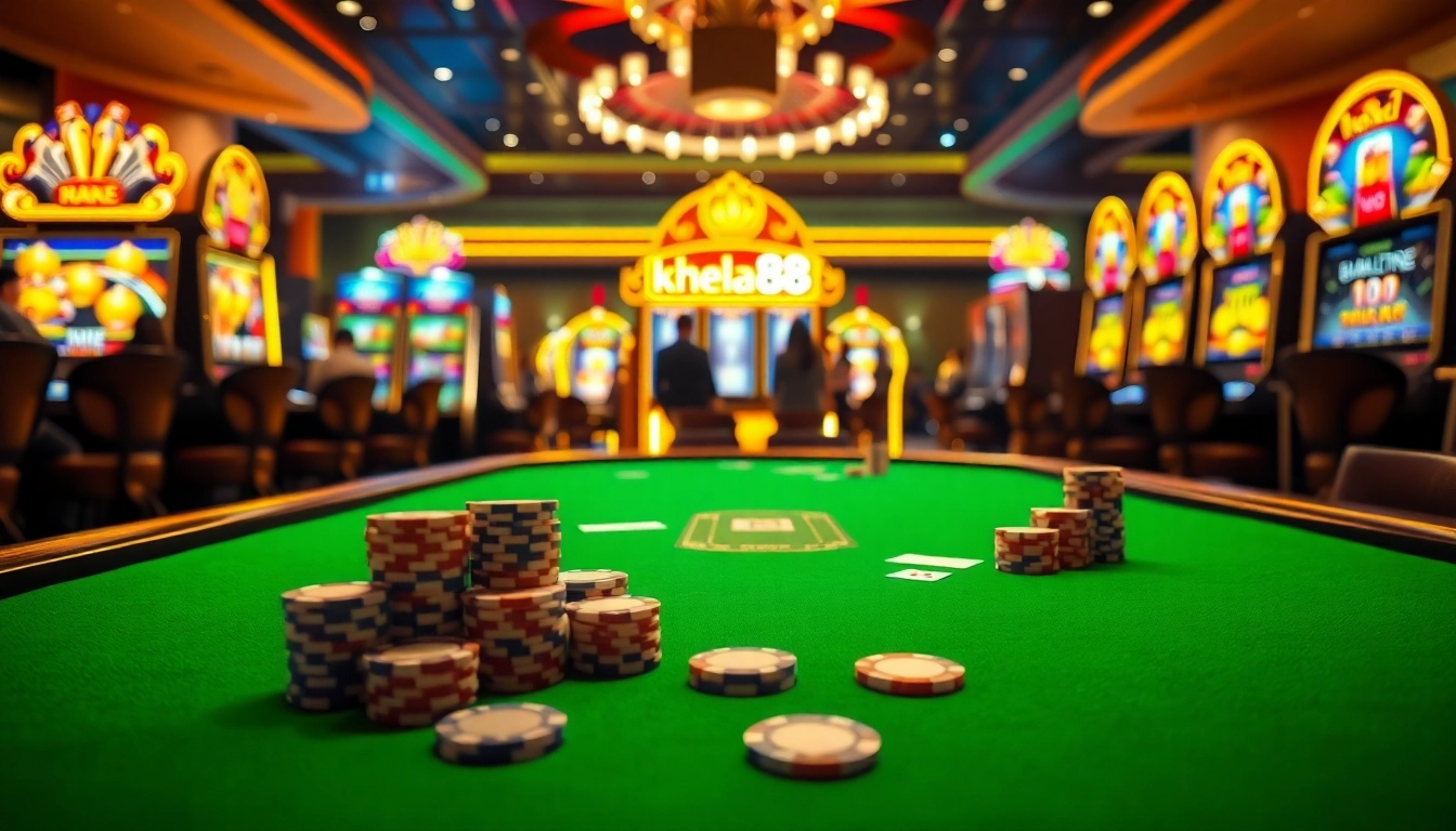 Khela88 players engaging in a thrilling casino experience with poker chips and cards.