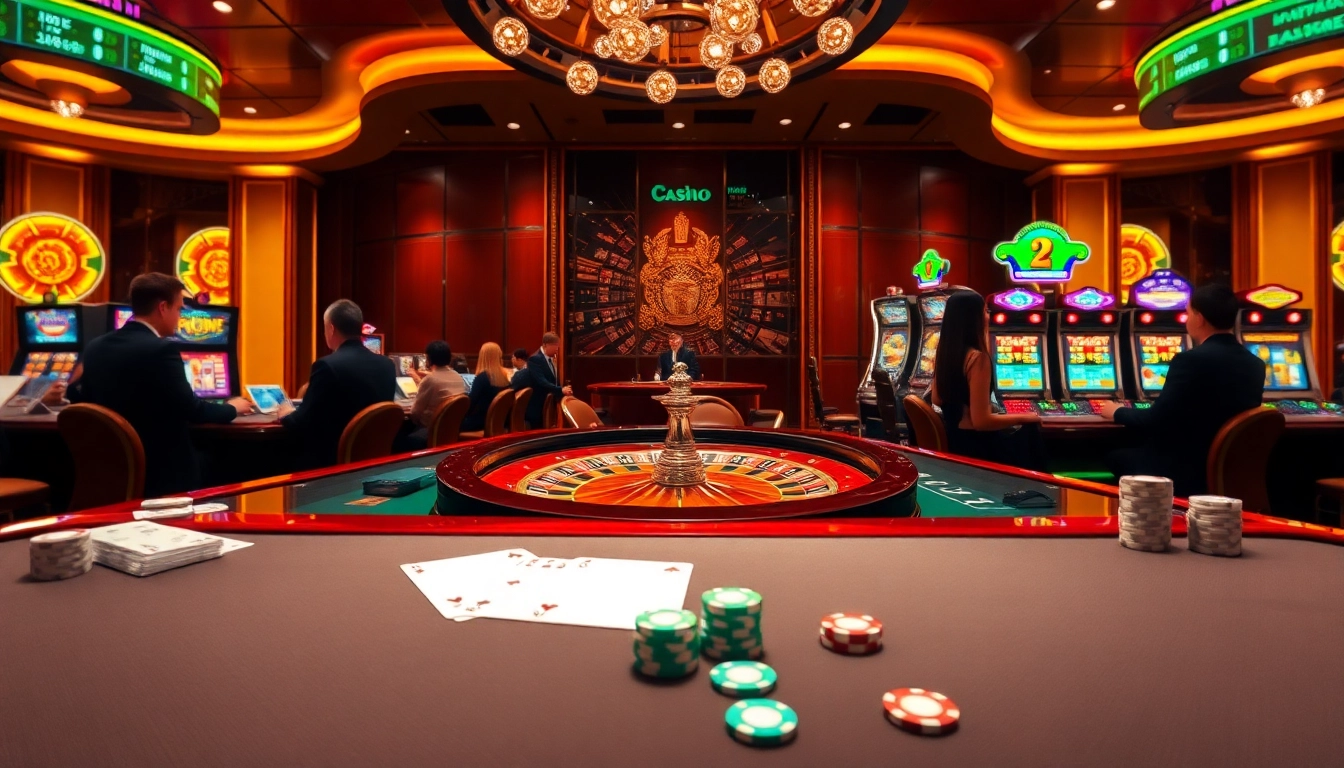 GO8 gaming table scene showcasing excitement with colorful slot machines and a spinning roulette wheel