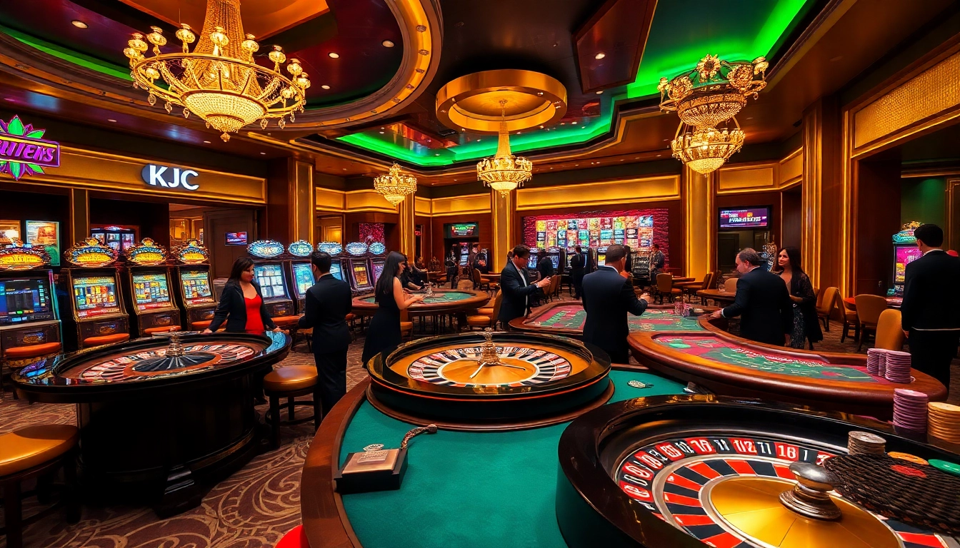 A thrilling gambling scene at KJC featuring vibrant roulette wheels and poker action, exuding luxury and excitement.