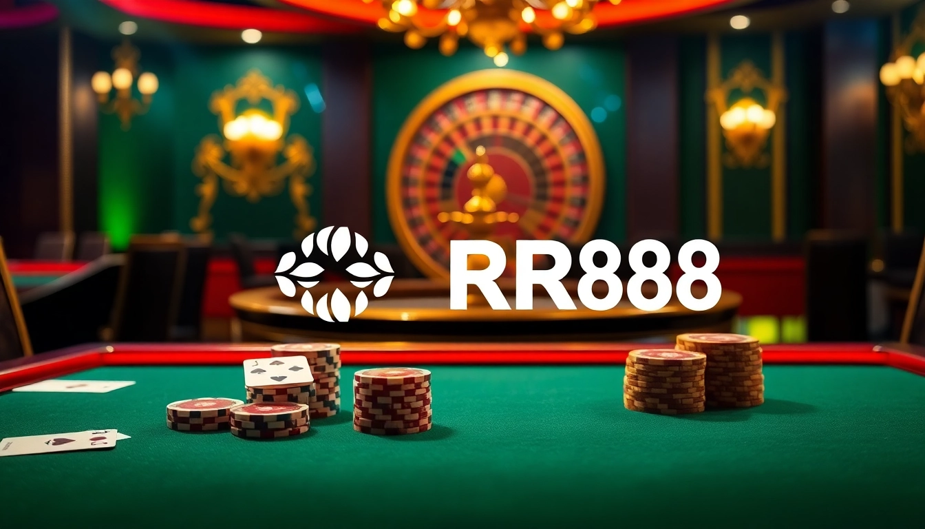 Experience the thrill of RR88 at a luxurious casino table with poker chips and cards.
