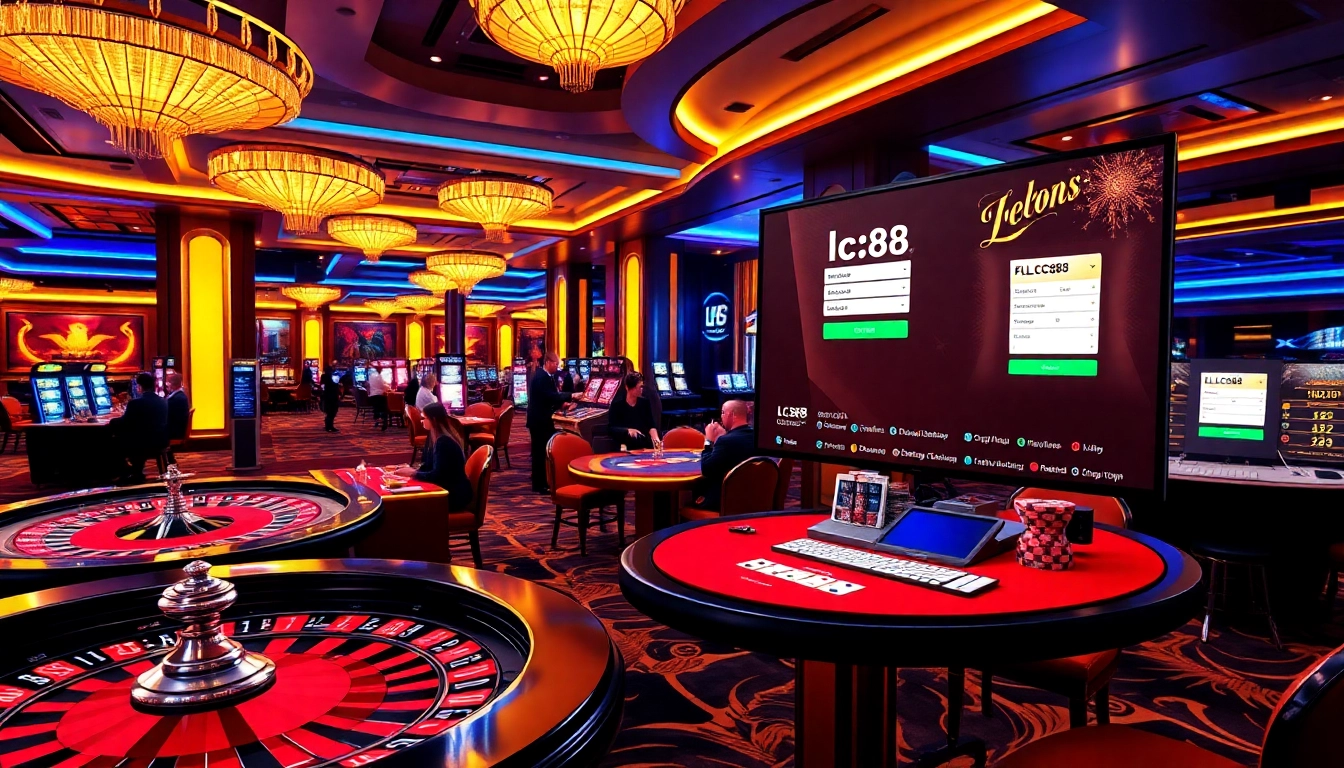 Experience the thrill of 'lc88 đăng nhập', featuring vibrant casino scenes with tables, cards, and excited players.