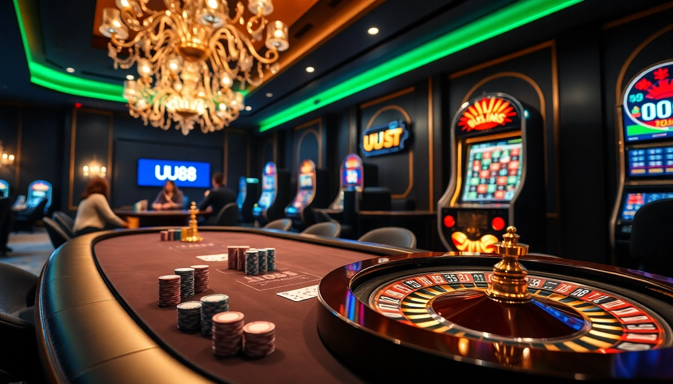 Experience high-stakes excitement at UU 88's lavish casino gaming table.