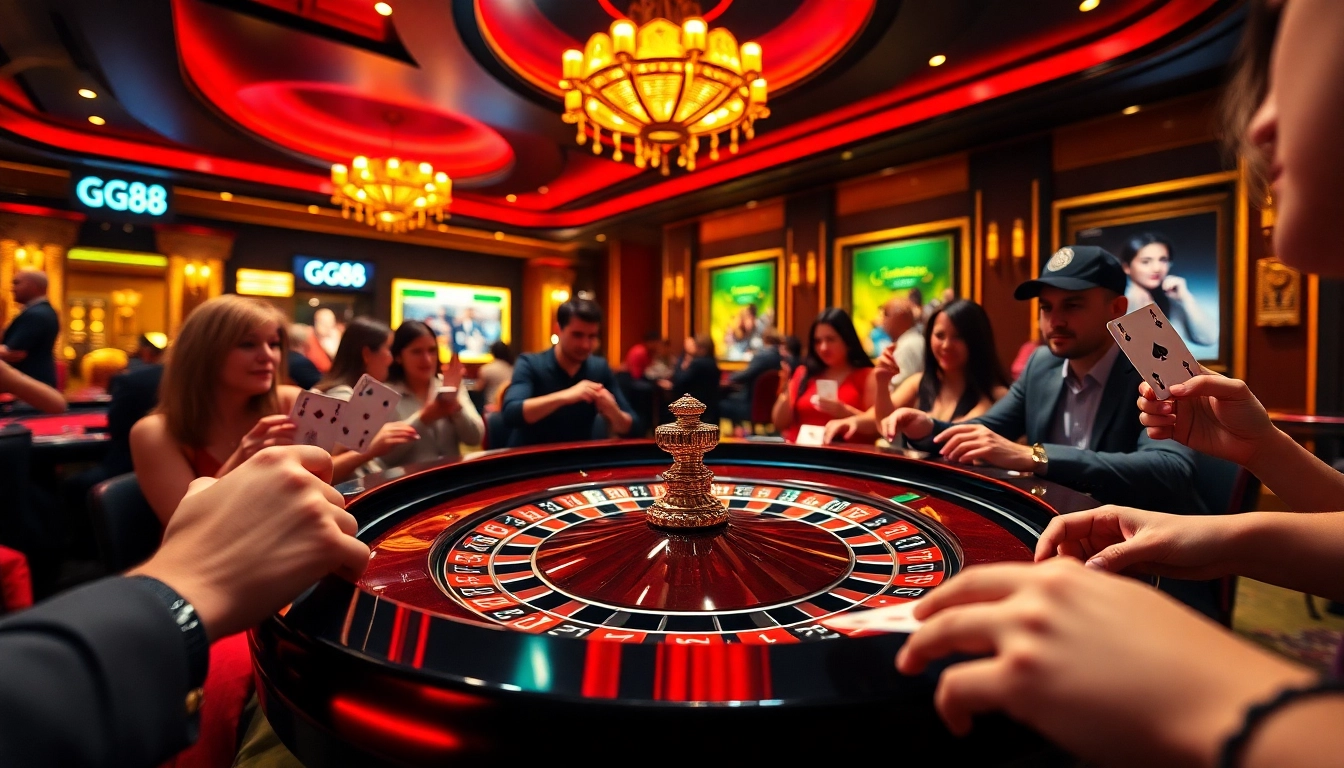Players experience the thrill of gaming at GG88 casino's roulette table with chips and cards in play.