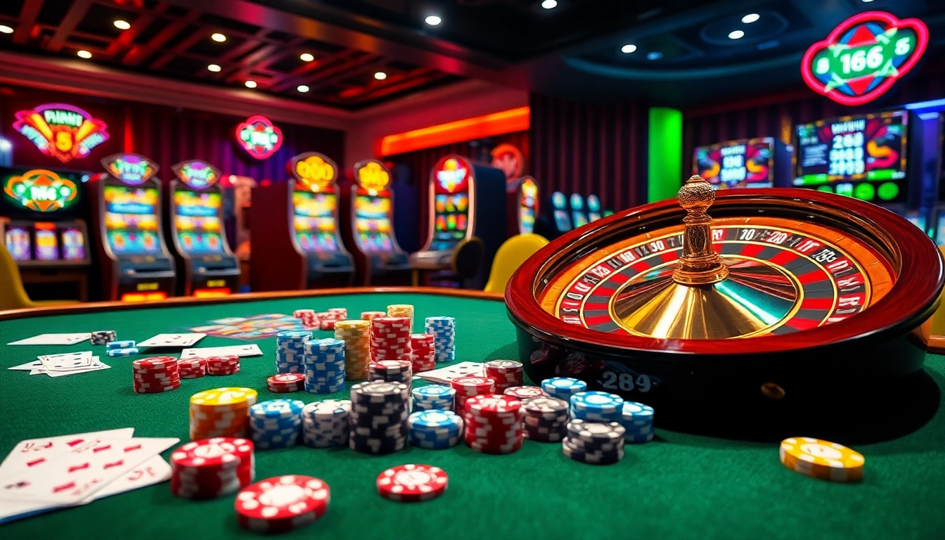Experience high-stakes thrills at 168vn casino table with poker chips, cards, and a roulette wheel.