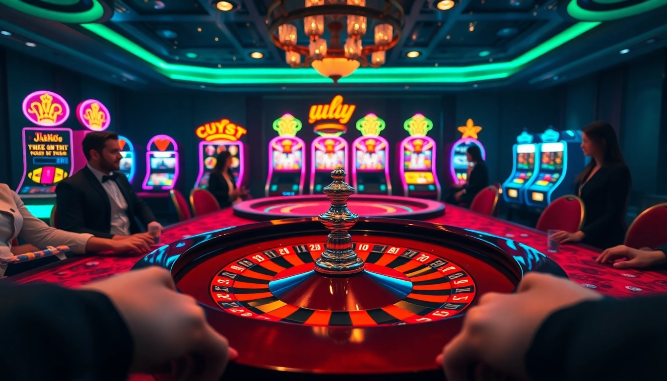 Experience the thrill of u888 with a luxurious casino scene featuring roulette and slot machines.