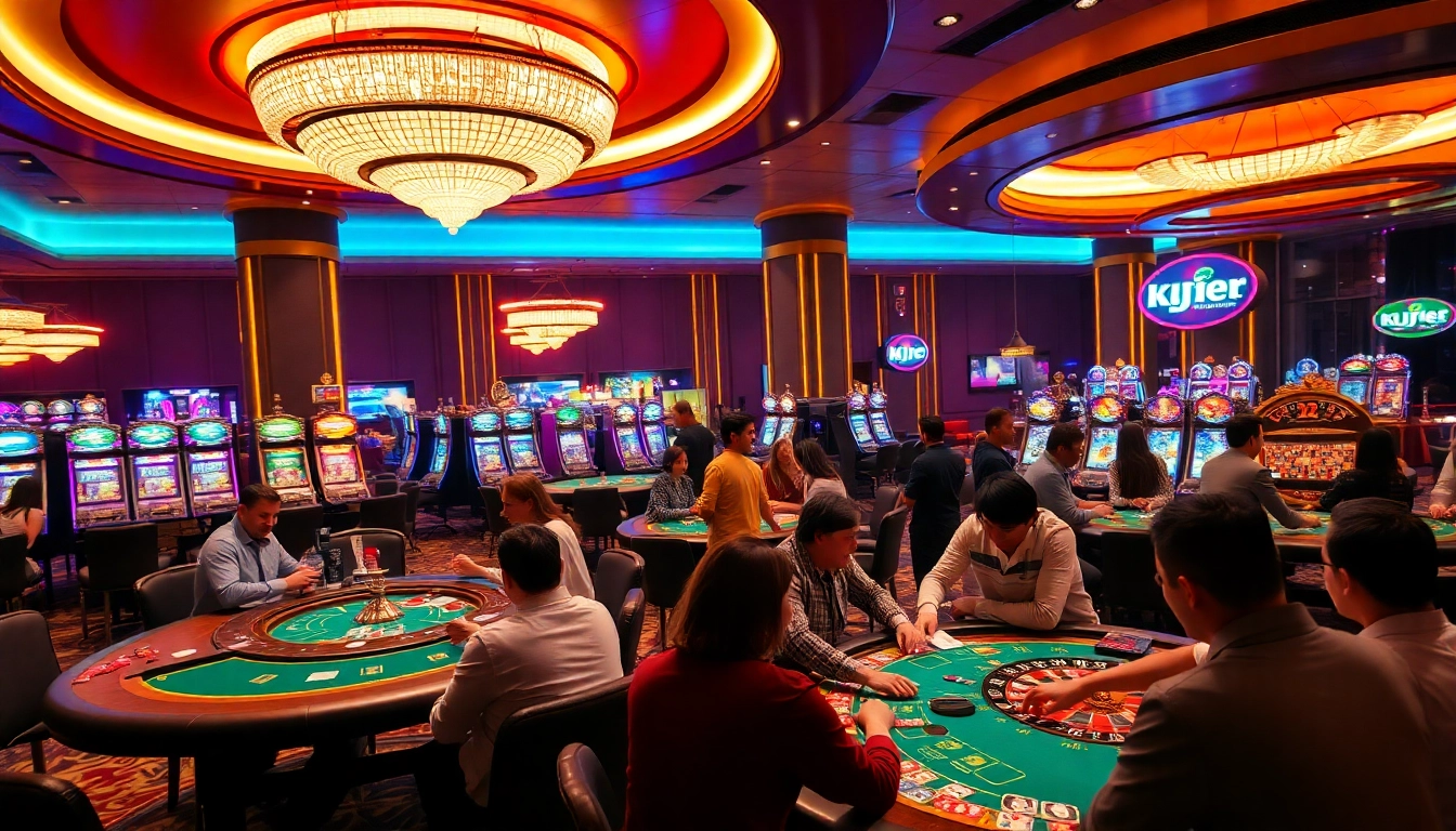 KJC gaming experience with players at poker tables and vibrant slot machines, showcasing excitement and luxury.