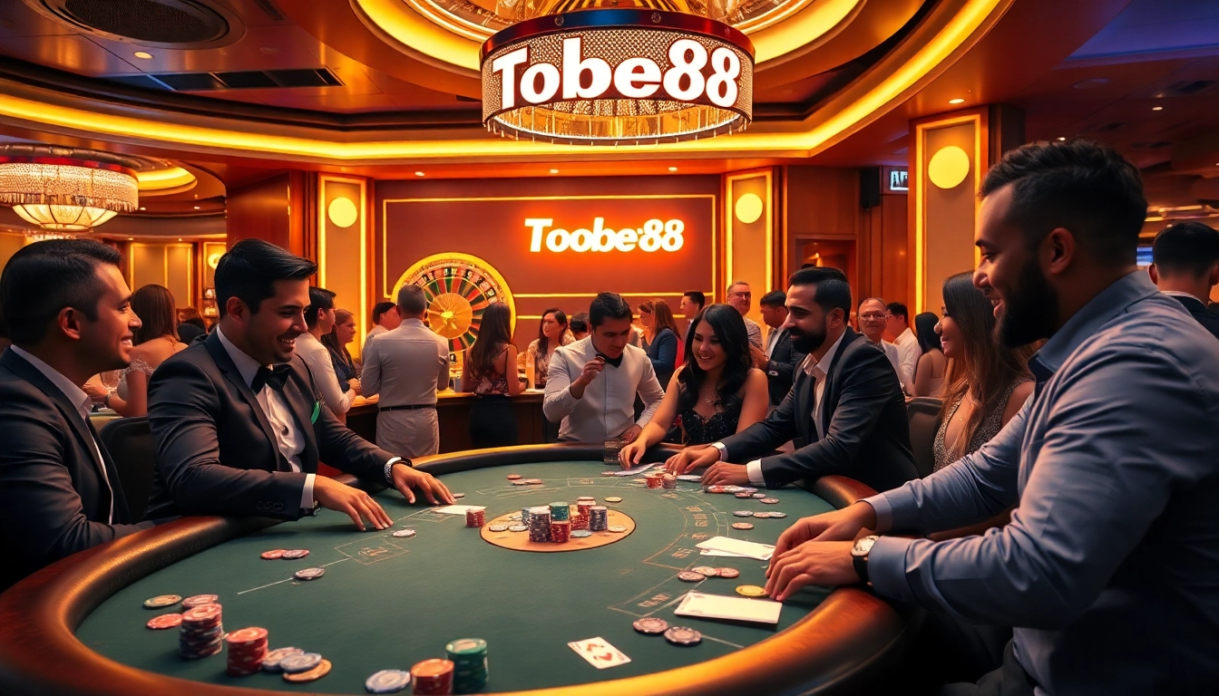 Tobet88 poker excitement at a luxurious casino with vibrant players and colorful chips.