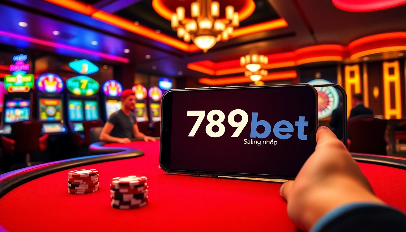 Experience the excitement of 789bet đăng nhập at a luxury casino setting with poker chips and slot machines.