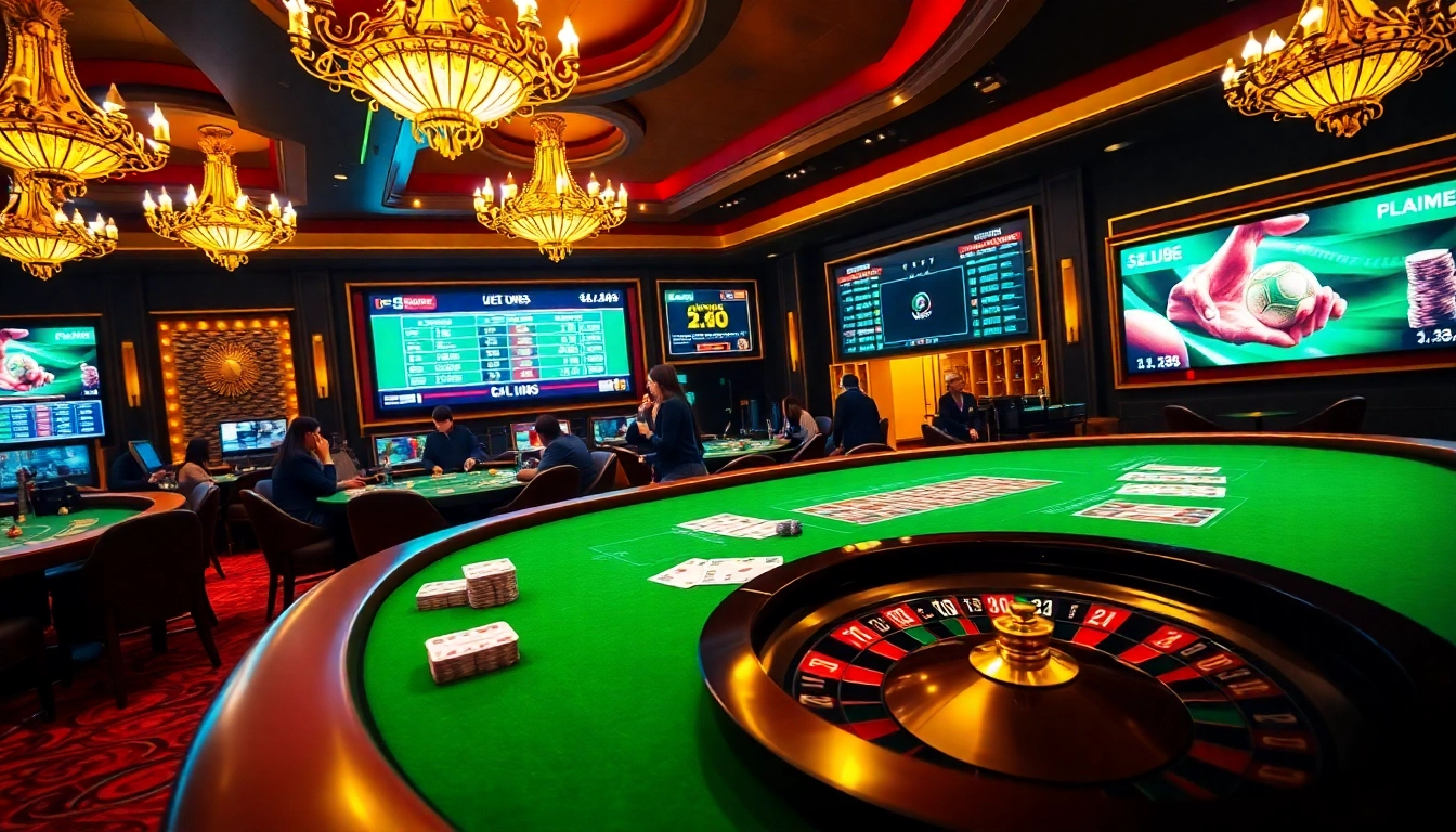 Exciting scene of betting on แทงบอล at a luxurious casino table with poker chips and cards.