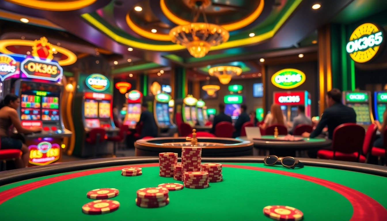 Players engage in thrilling poker games at OK365's luxurious casino tables, surrounded by vibrant slot machines.