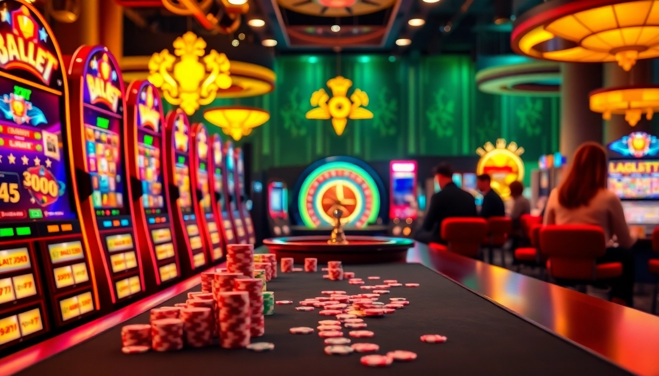 Players enjoying thrilling idnslot games at an elegant casino with vibrant slot machines.