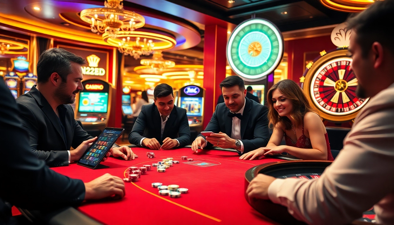 The 222bd app enhances gambling excitement with vibrant casino scenes featuring poker chips and slot machines.
