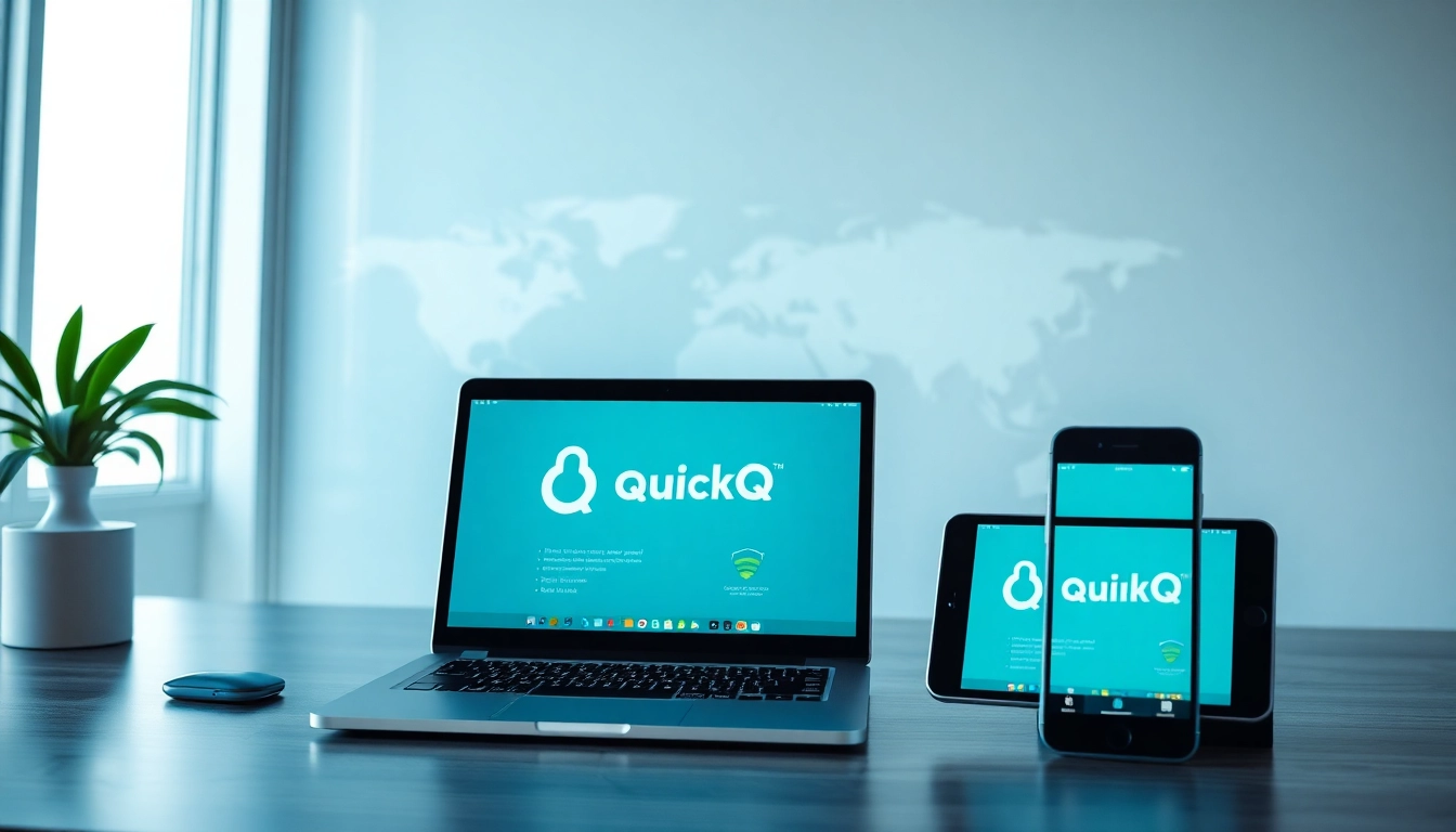 在现代工作区多设备上展示 QuickQ下载的视觉效果