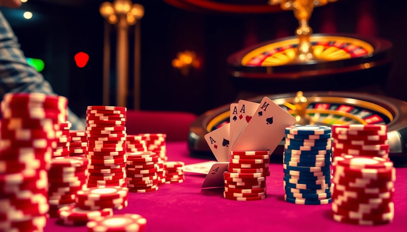 Engaging scene at k9k9 casino showcasing high-stakes poker with vibrant chips and cards.