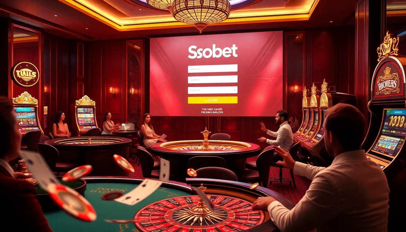 Sbobet login interface surrounded by poker tables and roulette wheels, highlighting excitement in online gambling.