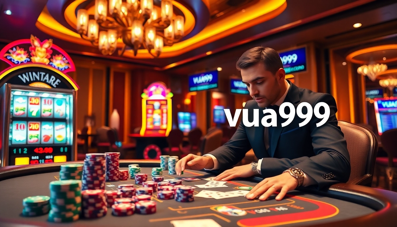 Vua99 gambler enjoying a thrilling moment at a vibrant casino table.