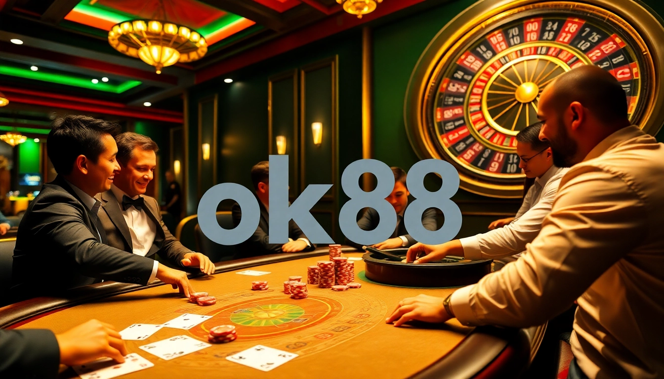 Players enjoying poker at ok88 casino with vivid poker chips and cards on a lively table.