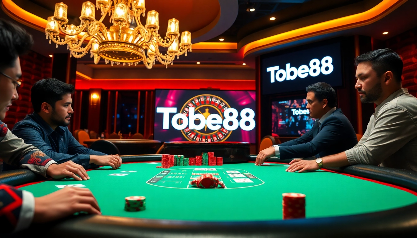 Tobet88 players strategizing in an upscale poker game at a vibrant casino table.