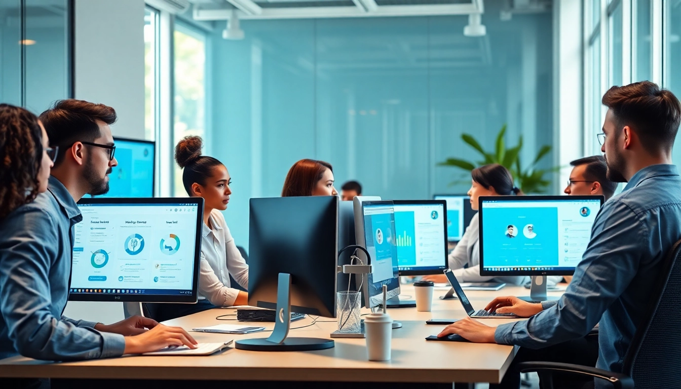 现代办公团队在多台设备上协同使用美洽AI客服平台。