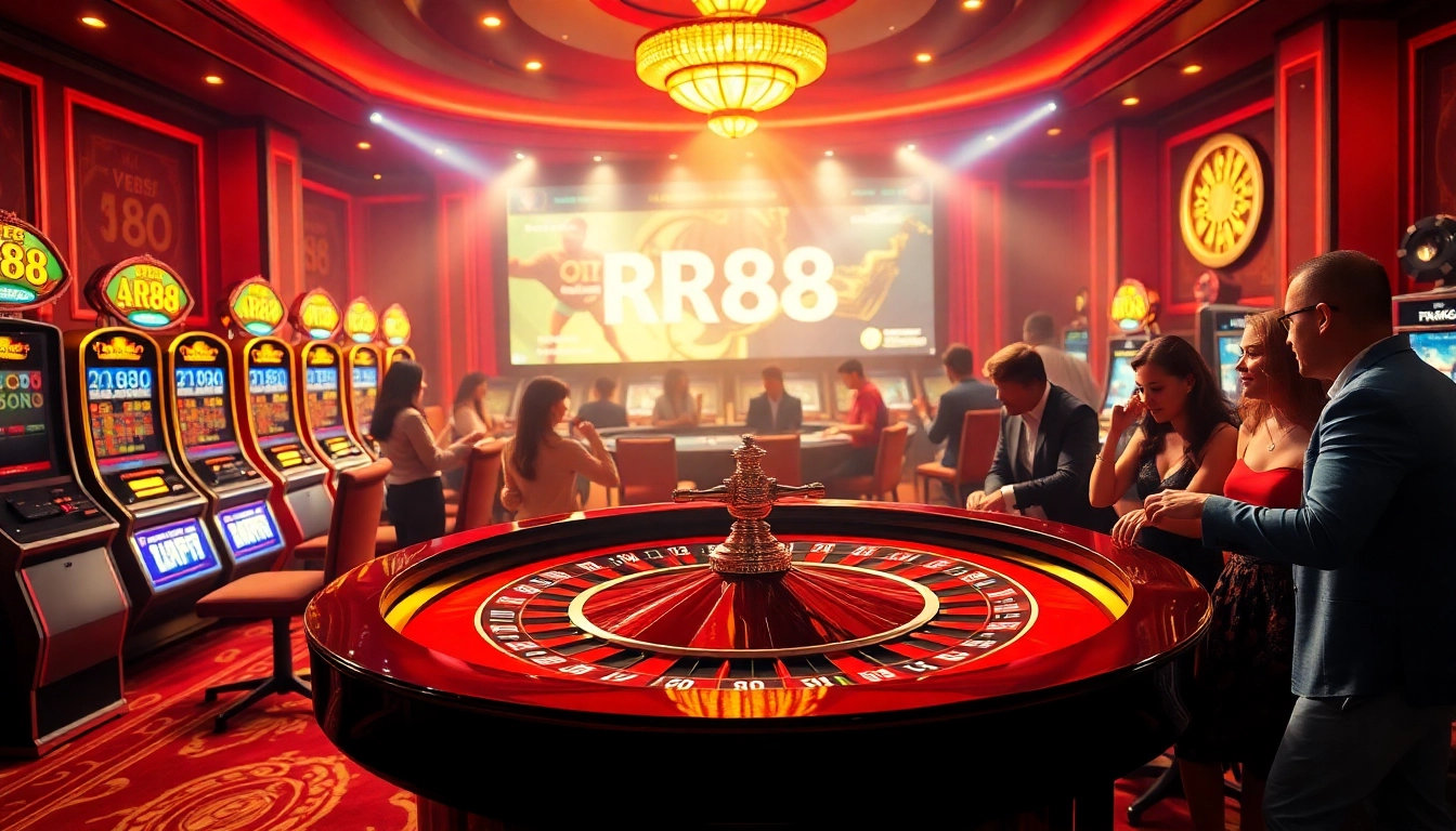 Gamblers enjoying a thrilling game at RR88 casino with vibrant lights and elegant decor.