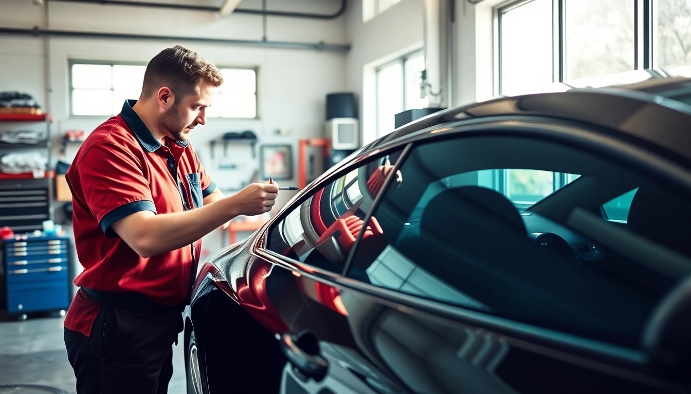 Get the best window tint Chattanooga TN expertly applied by a skilled technician in a well-lit auto shop.