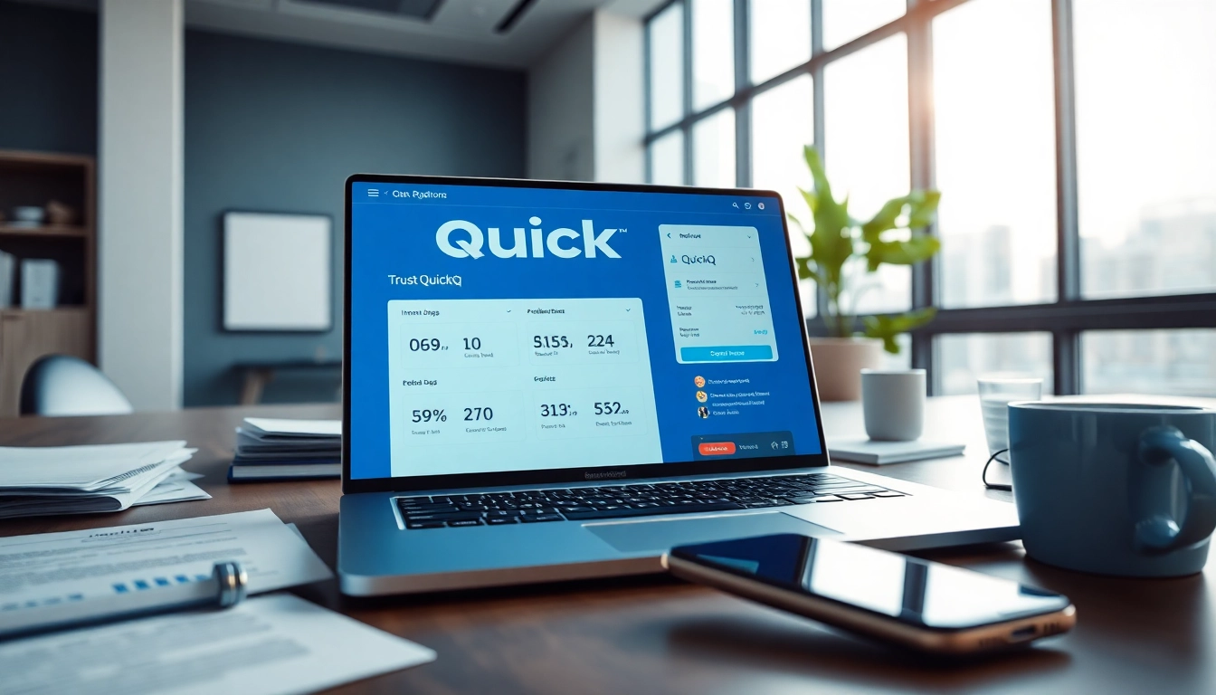 在笔记本电脑上展示 QuickQ 应用的现代工作空间中体验 QuickQ 电脑版。