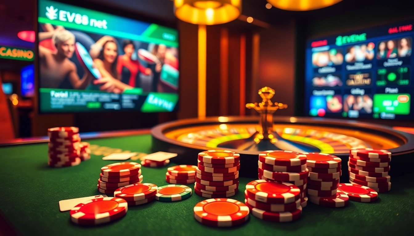A vibrant casino scene showcasing EV88 net branding with poker chips and glowing roulette wheel.