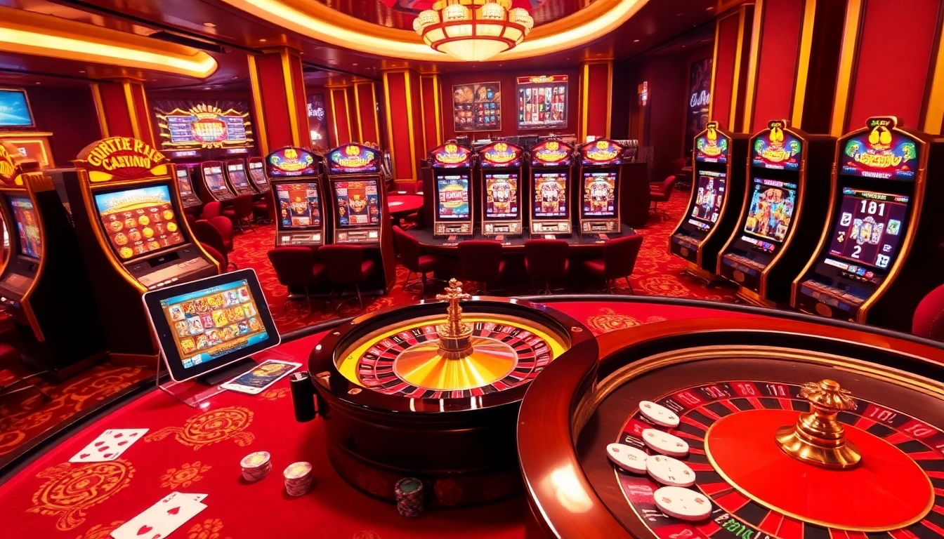 Exciting gameplay at 555win with casino tables, roulette wheel, and vibrant slot machines in a luxurious setting.