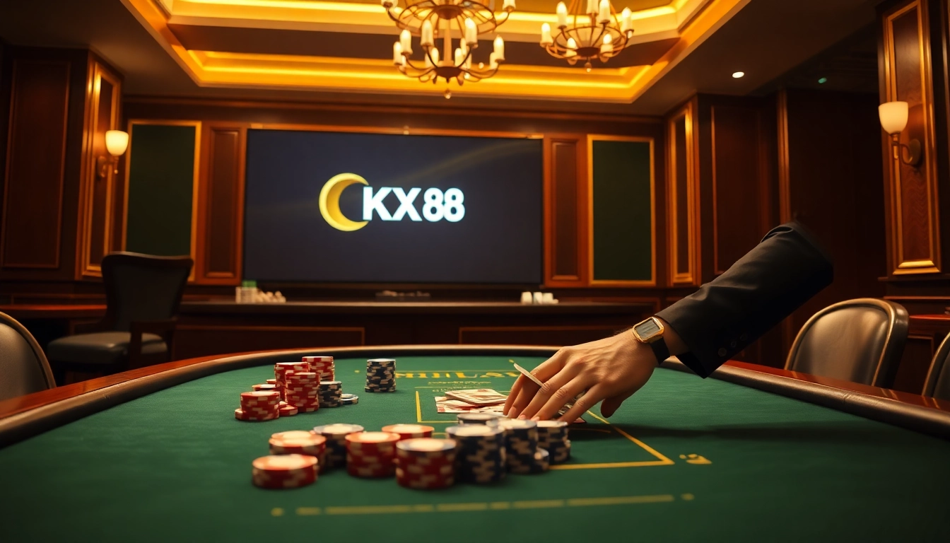 Experience high-stakes gaming at Nhà cái TK88 with luxurious poker tables and vibrant betting chips.
