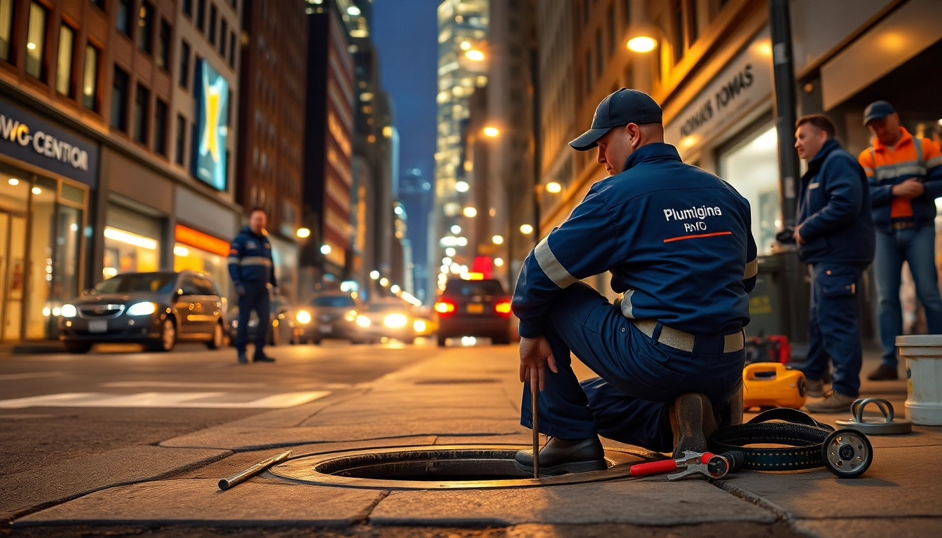 Emergency plumbers on holidays or weekends fixing a leak in NYC at night.