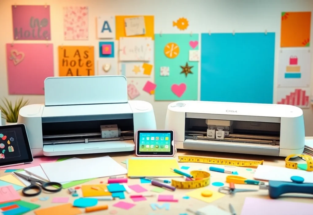 Side-by-side comparison of Silhouette vs Cricut cutting machines in an inviting crafting workspace.